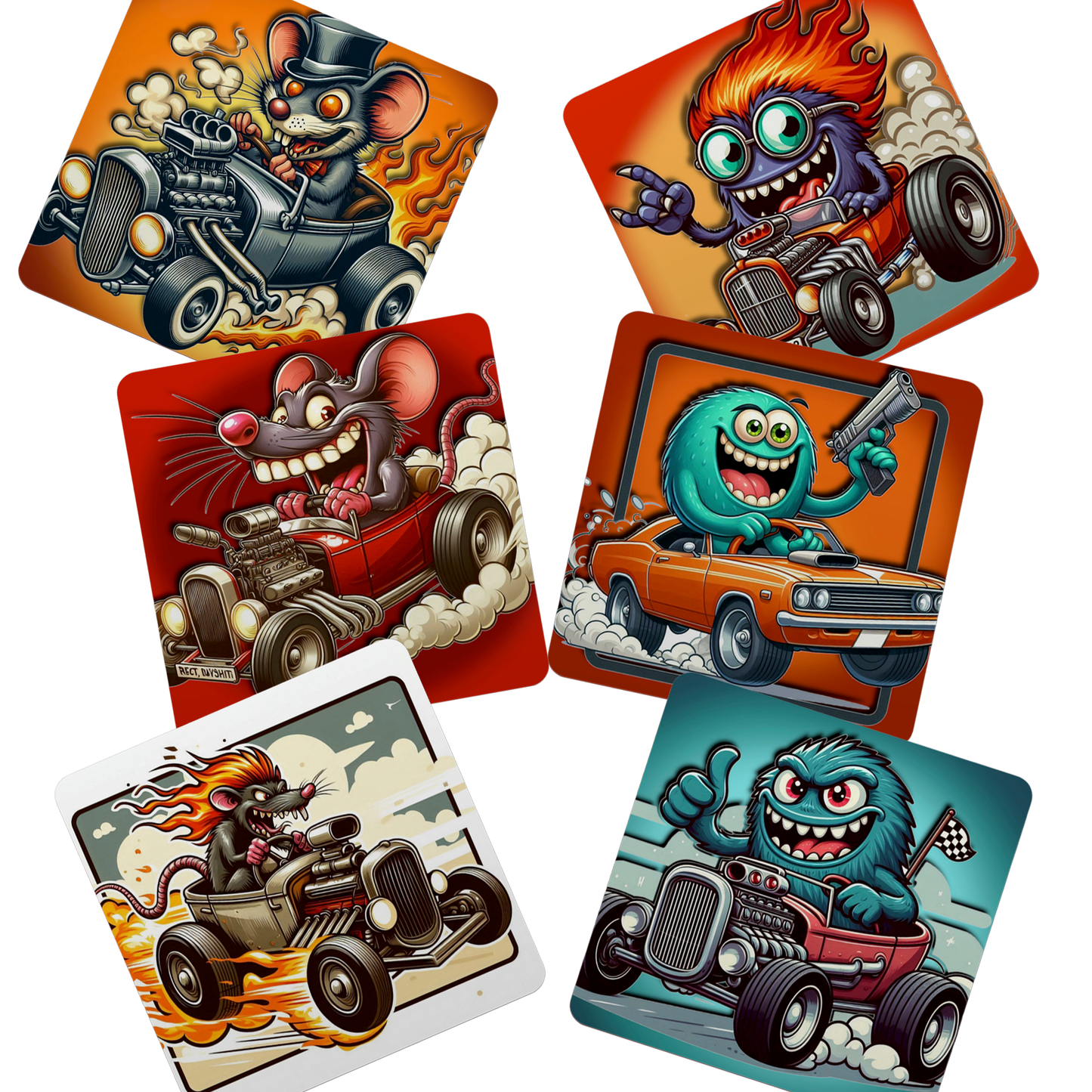 Hot Rod Cartoon Coasters - 6 Designs