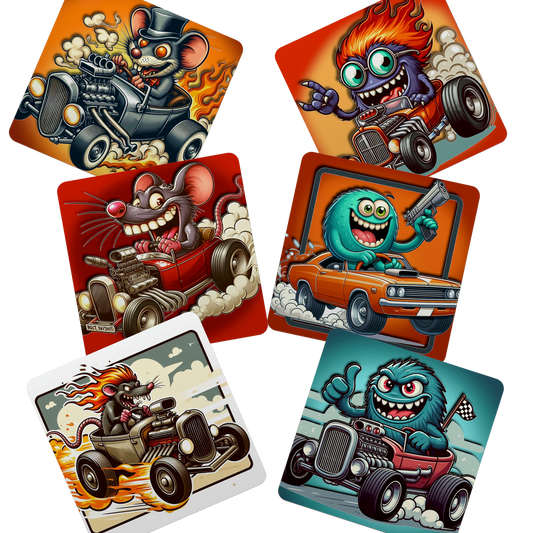 Hot Rod Cartoon Coasters - 6 Designs