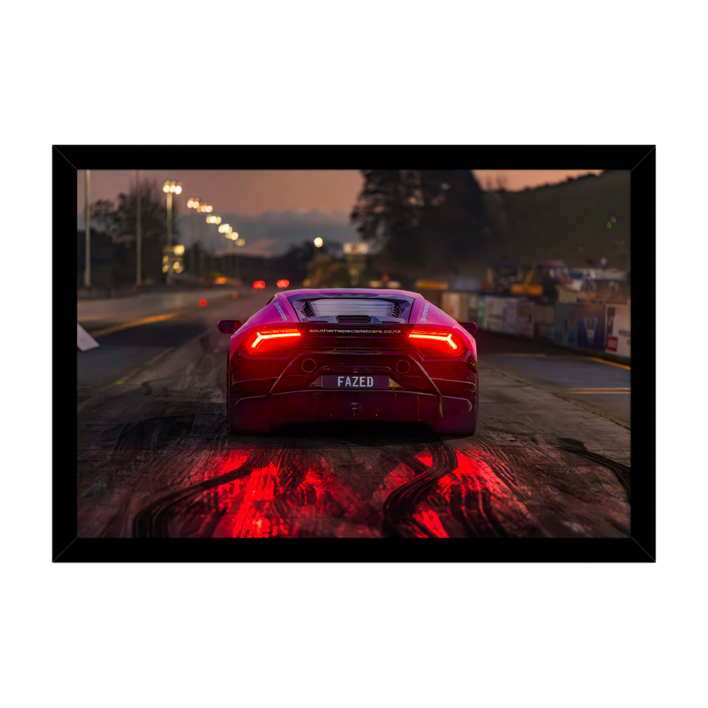 Rear view Lamborghini at dusk with glowing red taillights automotive wall art