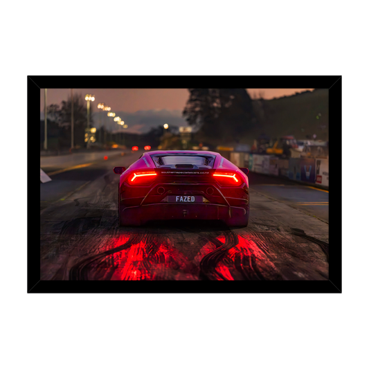 Rear view Lamborghini at dusk with glowing red taillights automotive wall art