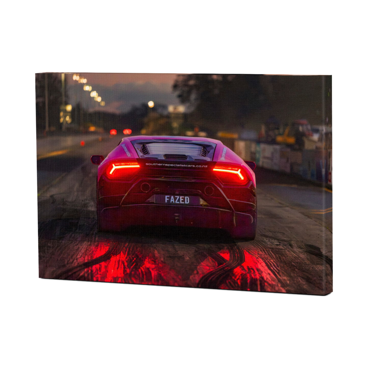 Rear view Lamborghini at dusk with glowing red taillights automotive wall art