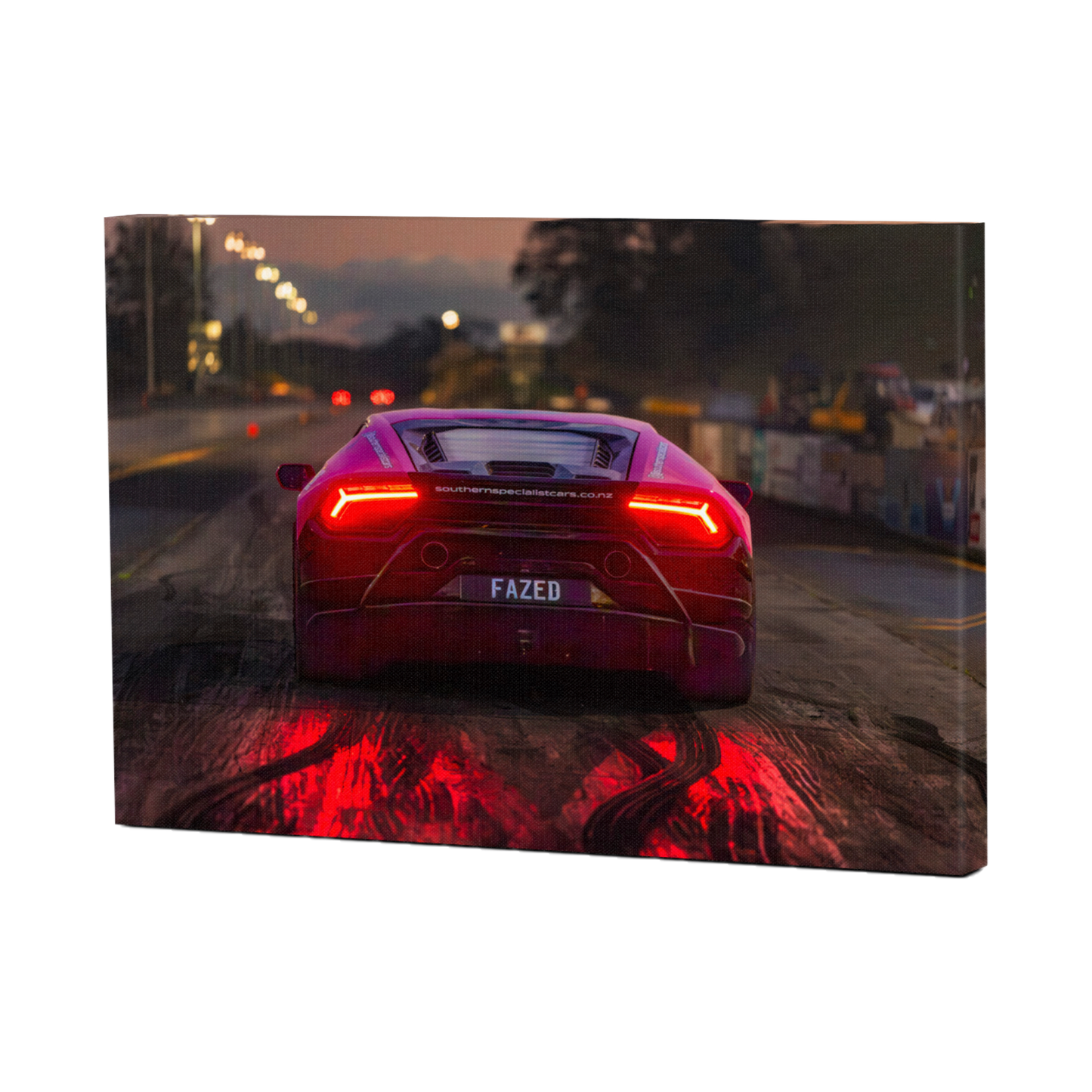 Rear view Lamborghini at dusk with glowing red taillights automotive wall art