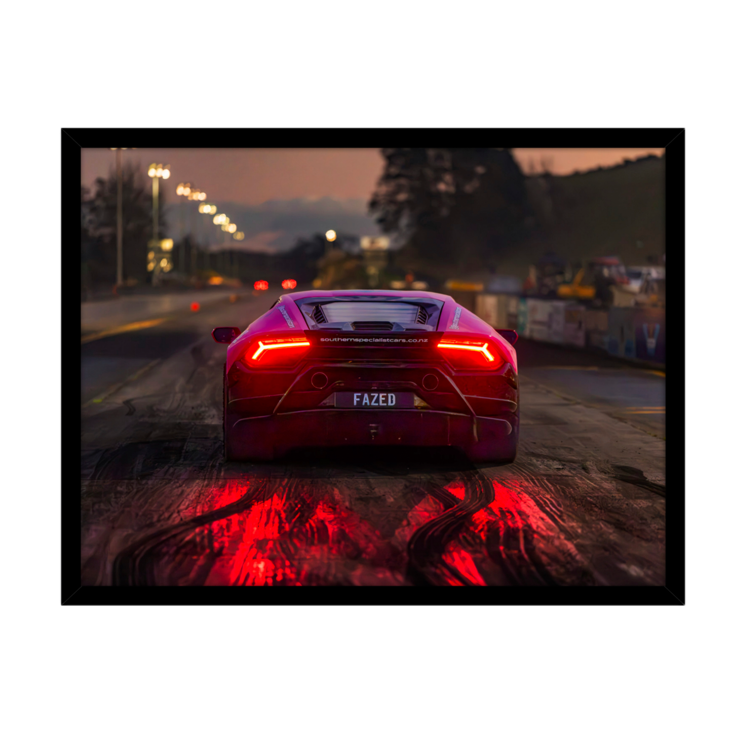 Rear view Lamborghini at dusk with glowing red taillights automotive wall art