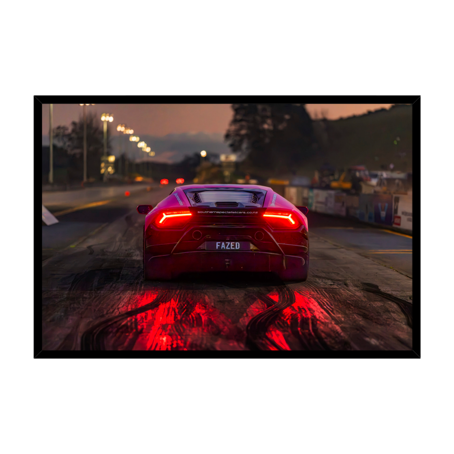 Rear view Lamborghini at dusk with glowing red taillights automotive wall art