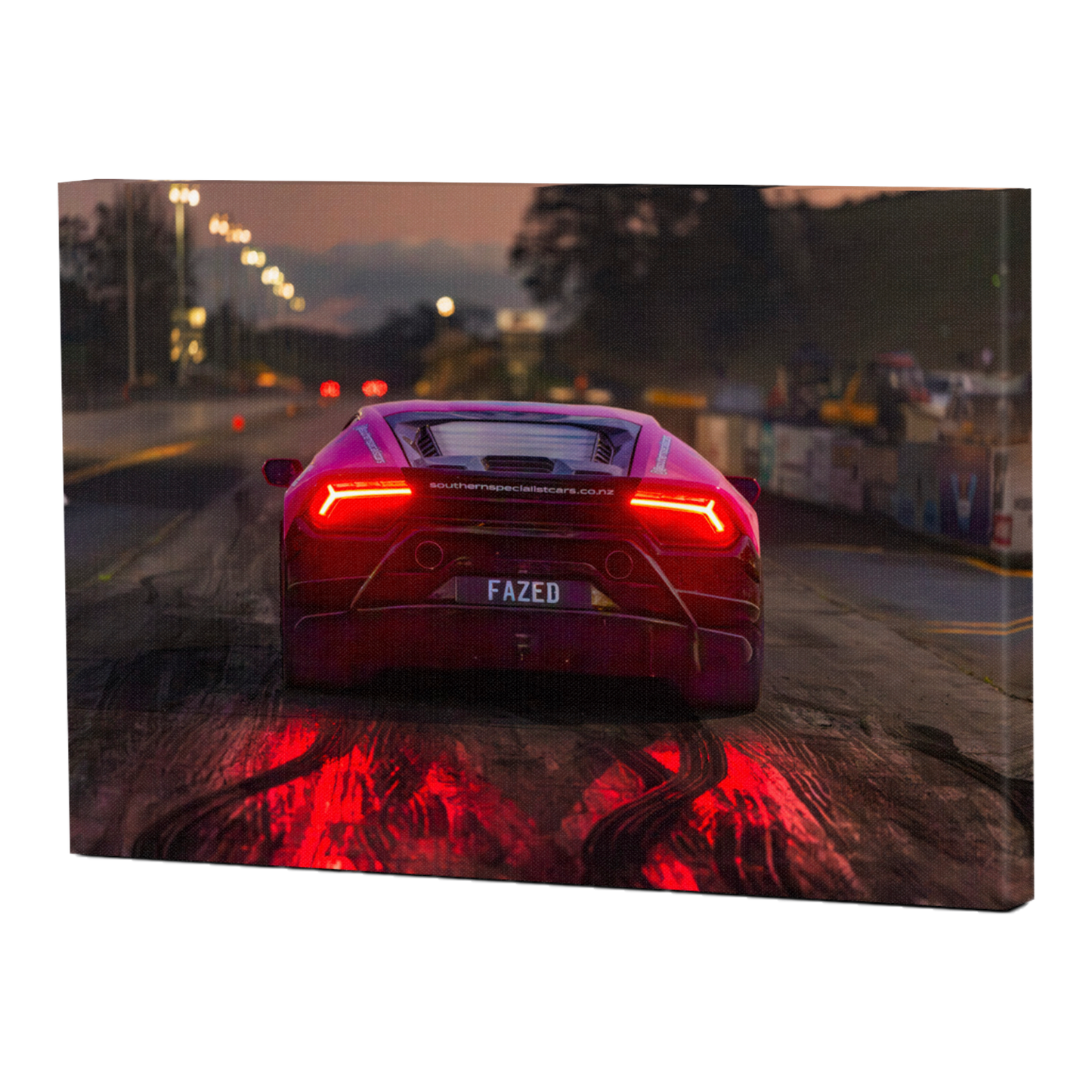 Rear view Lamborghini at dusk with glowing red taillights automotive wall art