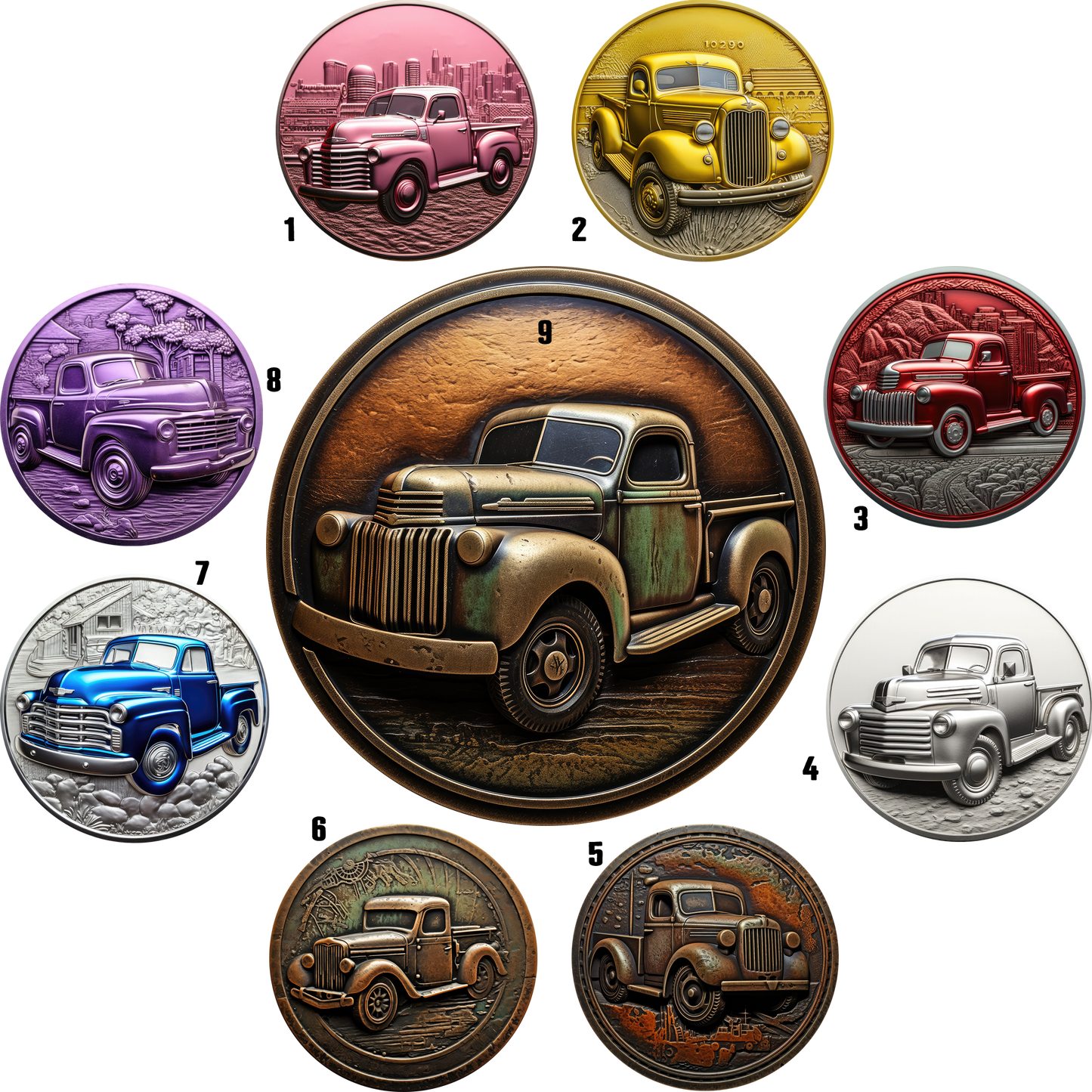 Metal Look Pick Up Truck Coasters  - 9 Designs